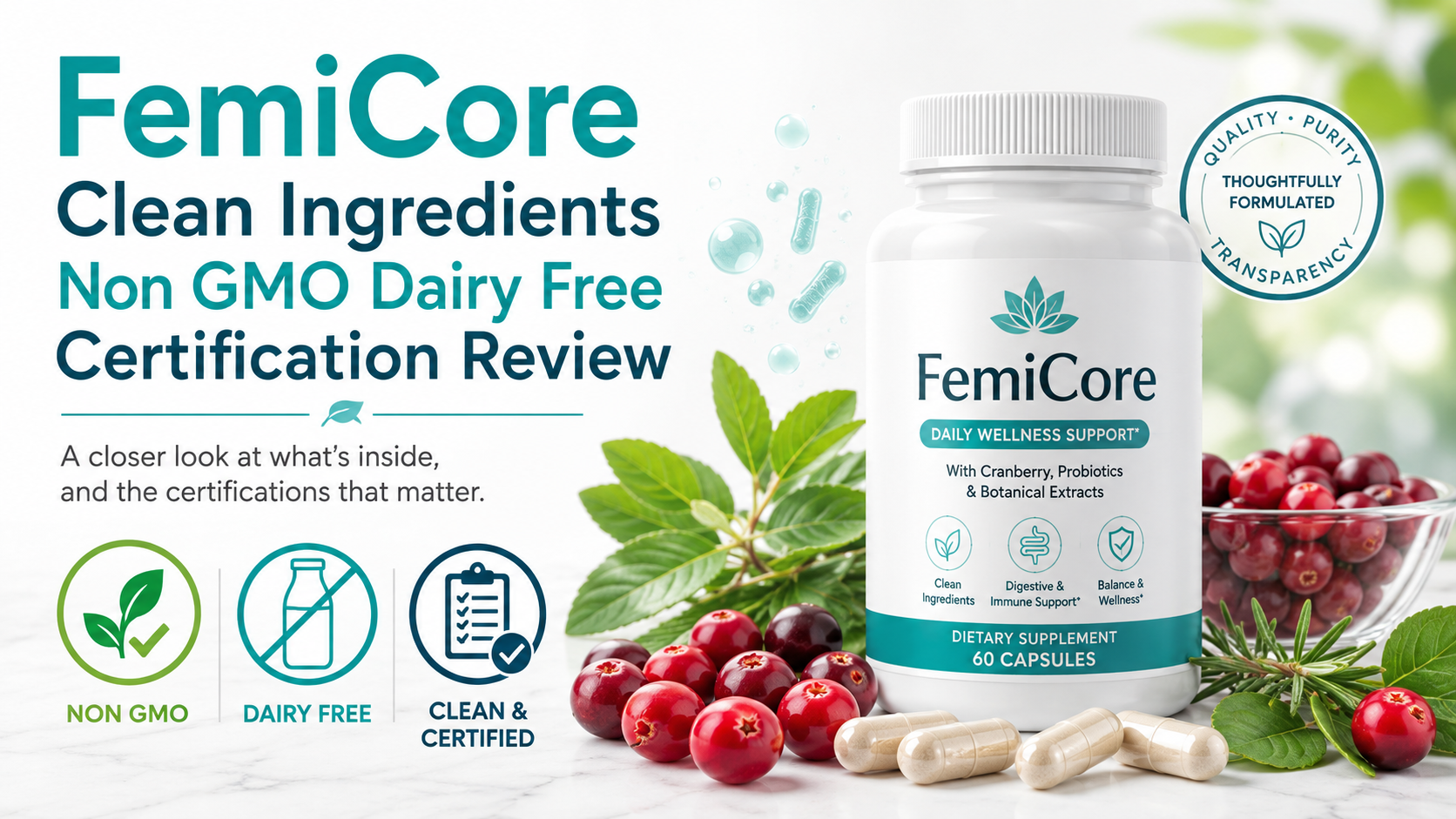 FemiCore Clean Ingredients Non GMO Dairy Free Certification Review